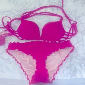 Shade & Shore Hot pink criss cross back and ruffle bottom Bikini Set